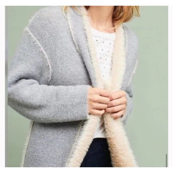 Anthropologie Moth Longline Open Front Cardigan Fur Lined Gray Womens S $200 - Picture 2 of 12